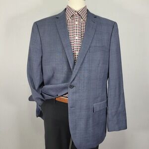 Egara Men's Sport Coat Blazer Two Button Navy Blue Plaid Wool Polyester Slim 50L